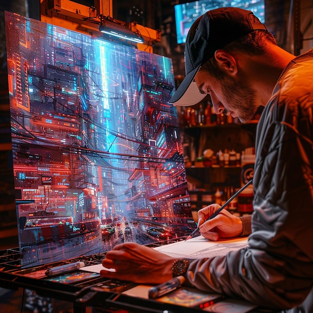 Professional Artist Sketching a Futuristic Cityscape