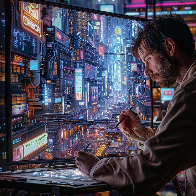 Professional Artist Sketching a Futuristic Cityscape