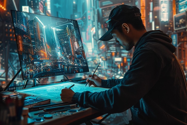 Professional Artist Sketching a Futuristic Cityscape