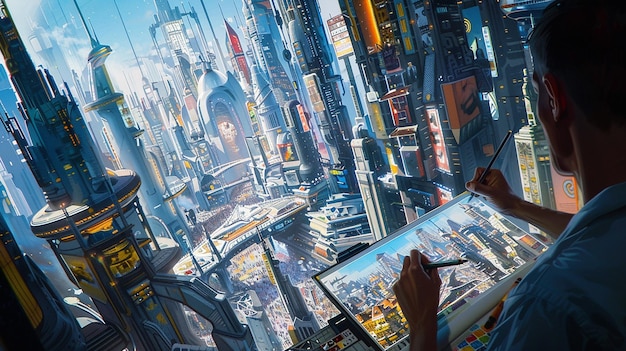 Professional Artist Sketching a Futuristic Cityscape