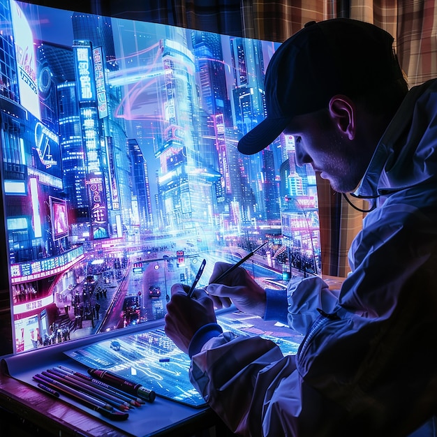 Professional Artist Sketching a Futuristic Cityscape