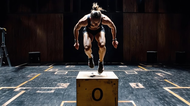 Photo professional athlete doing box jumps in a training facility