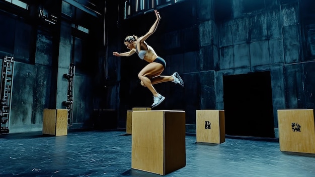 Photo professional athlete doing box jumps in a training facility