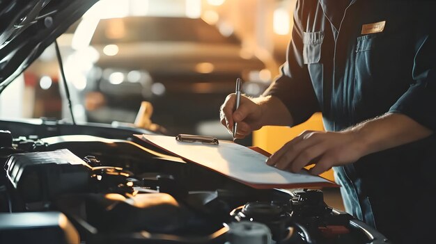 Photo professional auto mechanic inspecting car engine for vehicle maintenance and repair