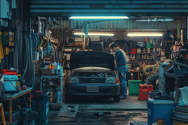 Photo professional auto mechanic performing engine diagnostics and repair in a car workshop