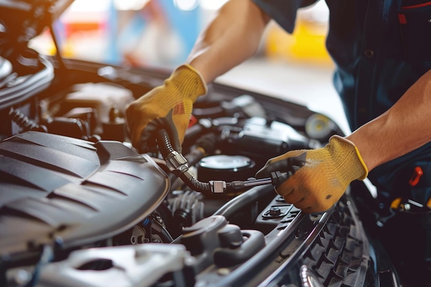 Professional Auto Mechanic Performing Engine Diagnostics and Repair in a Car Workshop