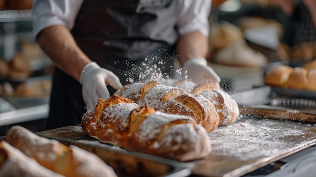 Photo professional baker presenting freshly baked bread in a commercial kitchen perfect for culinary design