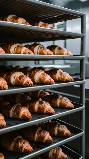 Professional bakery kitchen with trays of fresh croissants on metal rack Vertical Mobile Wallpaper