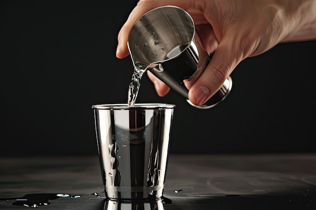 Professional bartender pouring an alcoholic drink from the measuring cup to the martini glass