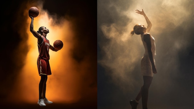 professional basketball players in action in dark background