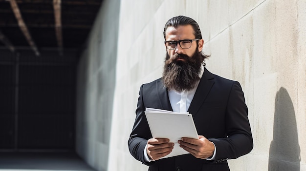 Photo professional bearded businessman holding folder outdoors