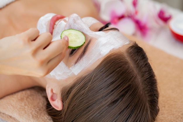 Professional beautician applying clay mask to woman at spa salon