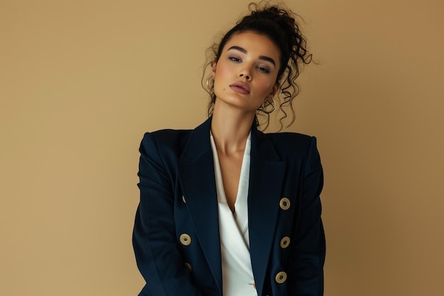 Photo professional beautiful woman in navy blue blazer studio lifestyle portrait with warm beige background