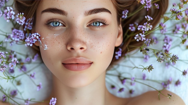 professional beauty photograph of pretty caucasian girl with flawless skin lying down