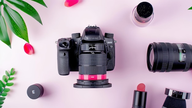 Photo professional beauty product flat lay with vibrant colors and camera setup