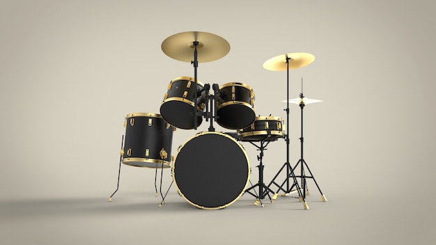 Professional black drum kit with gold lines 3d image