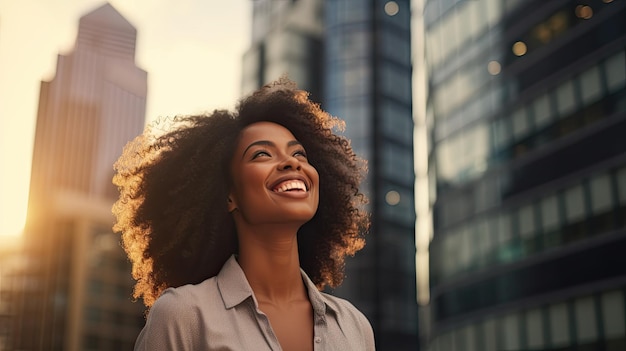 A professional black woman in a business suit raises her head confidence and working hard concept