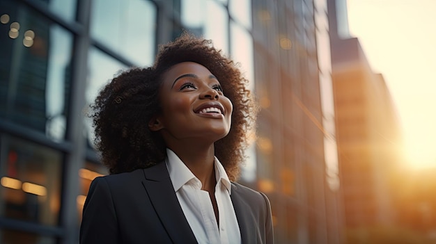 A professional black woman in a business suit raises her head confidence and working hard concept