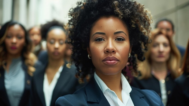 A professional black woman with curly hair wearing a suit stands in front of a group