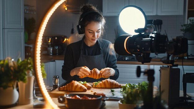 Photo professional blogger capturing tasty croissant sandwich video