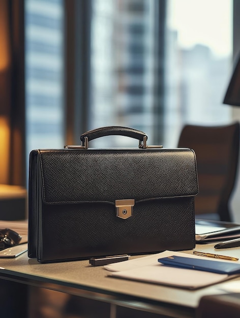 Professional briefcase placed neatly beside office desk