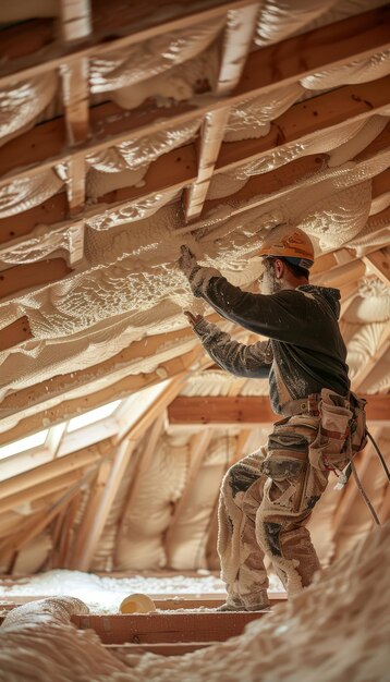 Photo professional builder applying liquid foam insulation to roof underside in breezy winter attire