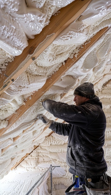 Photo professional builder applying liquid foam insulation to roof underside in breezy winter attire