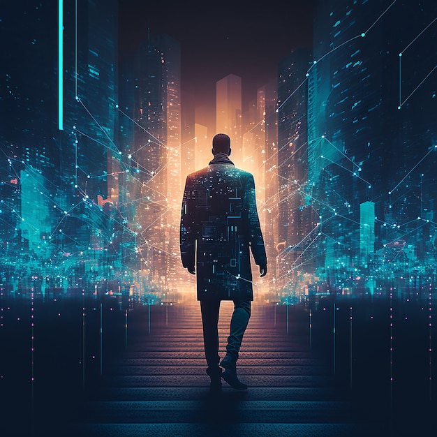 Professional business man walking on future network city Illustration Generative AI