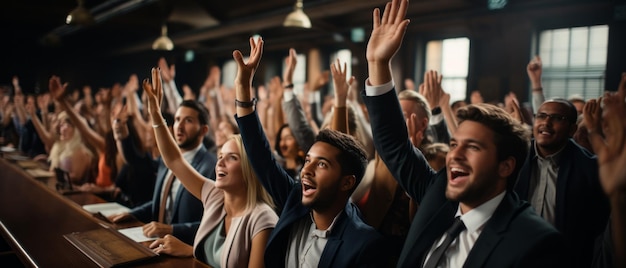 At a professional business seminar a diverse audience raises their hands in an important decision