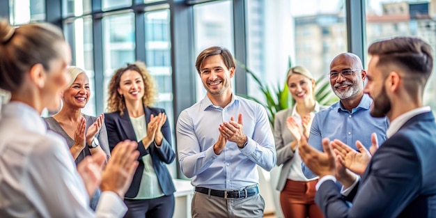 Photo professional business team applauding an awarded colleague with blurred background