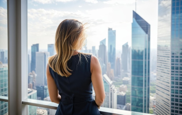 Photo professional business woman looking through window of her office skyscraper looking at bustling mode