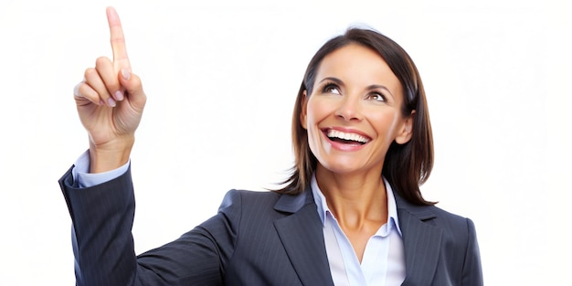 Professional Business Woman Pointing Up with Smile Isolated Portrait