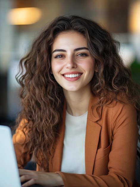 Professional Business Woman Smiling at Her Laptop