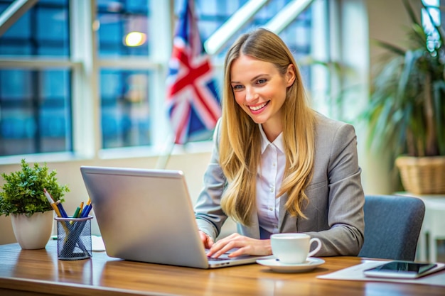 Professional business young woman smiles happily while she works