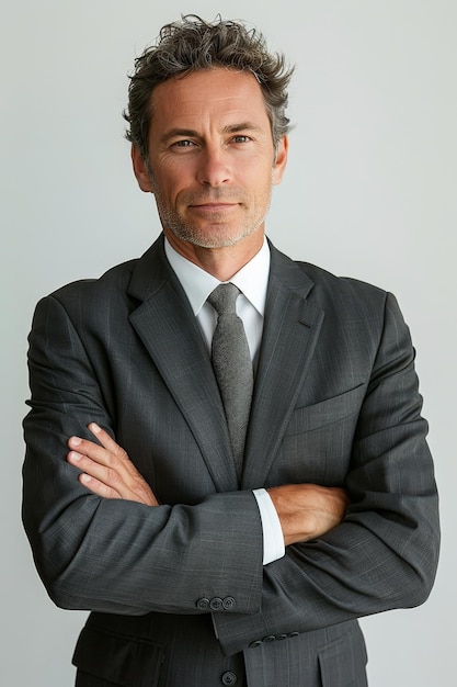 Professional businessman in a dark suit and tie standing with arms crossed exuding confidence and leadership against a neutral background