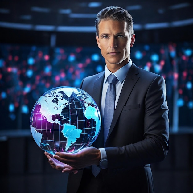 A professional businessman holding a globe a Glowing Holographic Globe in a Modern Office