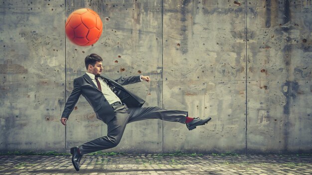 Professional Businessman Kicking Soccer Ball in Studio