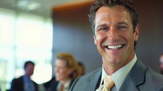 Photo professional businessman smiling in modern office environment with colleagues in background