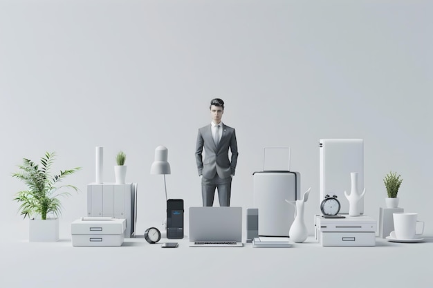 Photo professional businessman standing amidst modern office tech devices on plain background