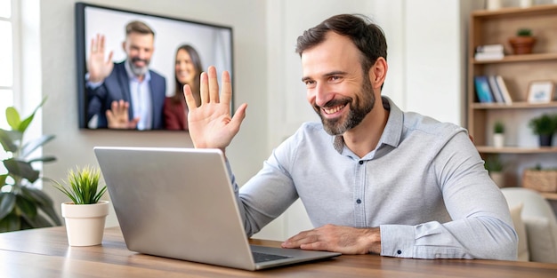 Photo professional businessman waving and engaging in video call remote communication technology concept