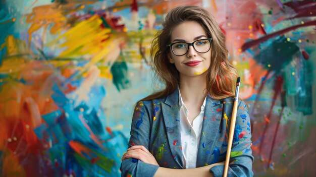 Photo professional businesswoman holding paint brush conceptual image for creativity and innovation