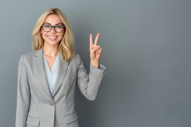 Photo professional businesswoman showing peace sign with a smile