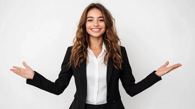 Photo professional businesswoman welcoming with smile in white background