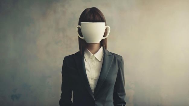 Photo professional businesswoman with white cup instead of her head