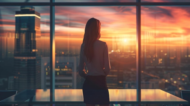 Professional Businesswoman Working in Modern Top Floor Office Environment