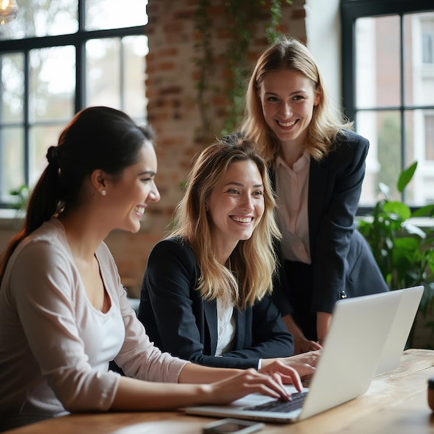 Photo professional businesswomen collaborating in modern office with laptop