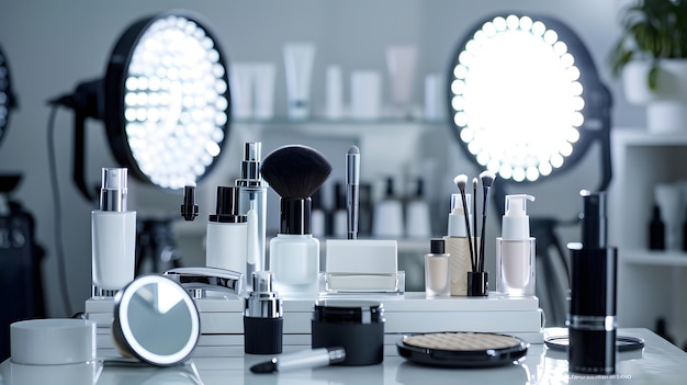 A professional camera capturing beauty products arranged in a balanced composition in bright light