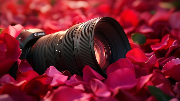 Photo professional camera lens resting in a bed of roses