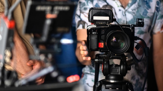 A professional camera on a tripod