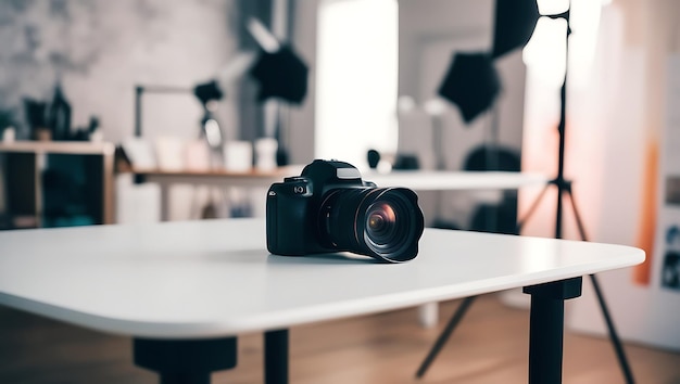 Photo professional camera on a white table in a photo studio blurred background